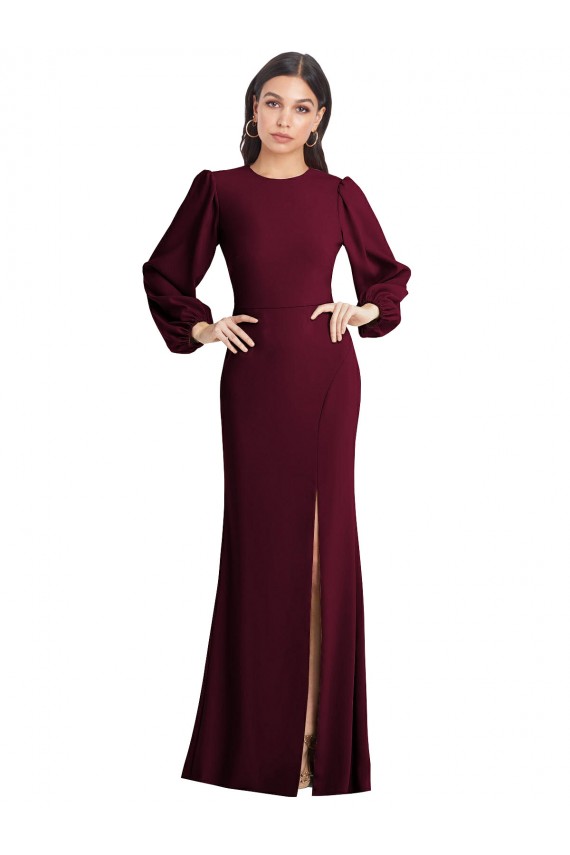 Bateau Neck Long Stretch Crepe Burgundy Gold Puff Sleeves Formal Dress / Bridesmaid Dress Darwin