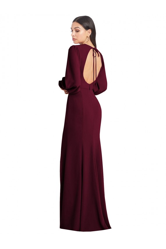 Bateau Neck Long Stretch Crepe Burgundy Gold Puff Sleeves Formal Dress / Bridesmaid Dress Darwin