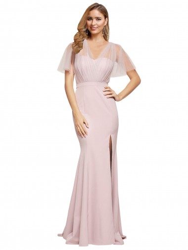 Sweetheart Long Stretch Crepe & Tulle Mauve Short Sleeves Formal Evening Gown / Prom Dress / Bridesmaid Dress Darwin