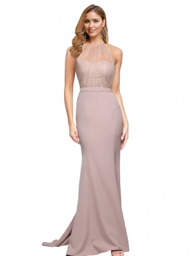 High Neck Sweep Train Stretch Crepe Dusty Pink Sheath Sleeveless Formal Evening Gown / Prom Dress / Bridesmaid Dress Darwin