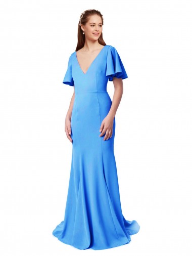 V-Neck Sweep Train Stretch Crepe Peacock Blue Short Sleeves Prom Dress / Bridesmaid Dress Darwin