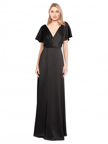 V-Neck Long Stretch Satin Black Cap Sleeves Bridesmaid Dress / Evening Dress Darwin