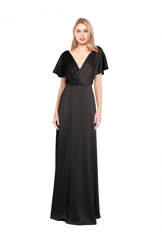 V-Neck Long Stretch Satin Black Cap Sleeves Bridesmaid Dress / Evening Dress Darwin