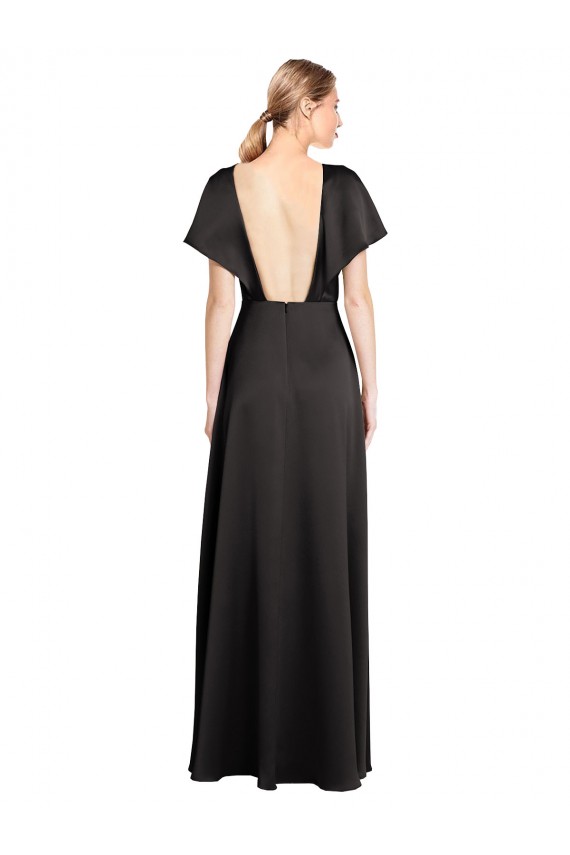 V-Neck Long Stretch Satin Black Cap Sleeves Bridesmaid Dress / Evening Dress Darwin