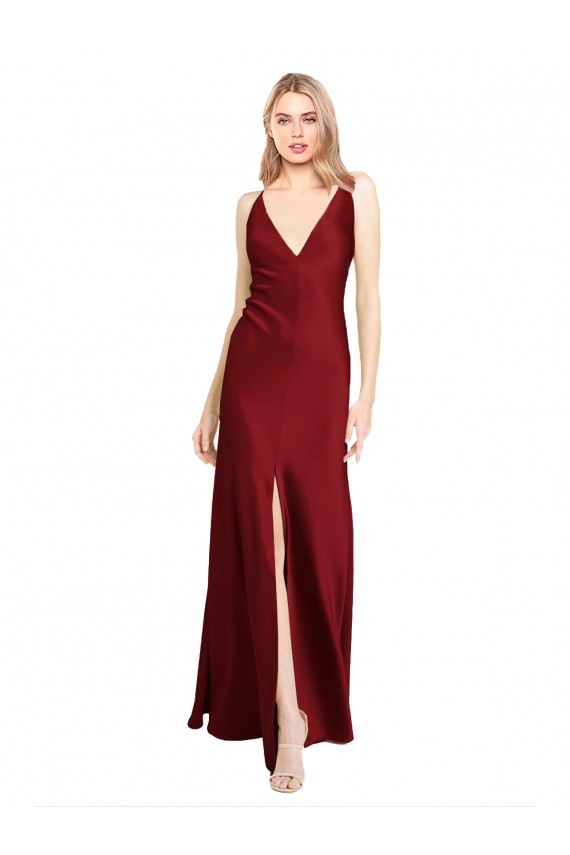 V-Neck Long Stretch Satin Burgundy Sleeveless Black Tie Evening Gown / Prom Dress / Bridesmaid Dress Darwin