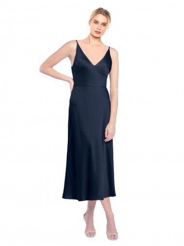 V-Neck Midi Length Stretch Satin Dark Navy Sleeveless Formal Evening Gown / Prom Dress / Bridesmaid Dress Darwin