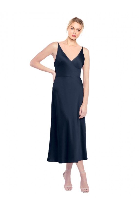 V-Neck Midi Length Stretch Satin Dark Navy Sleeveless Formal Evening Gown / Prom Dress / Bridesmaid Dress Darwin