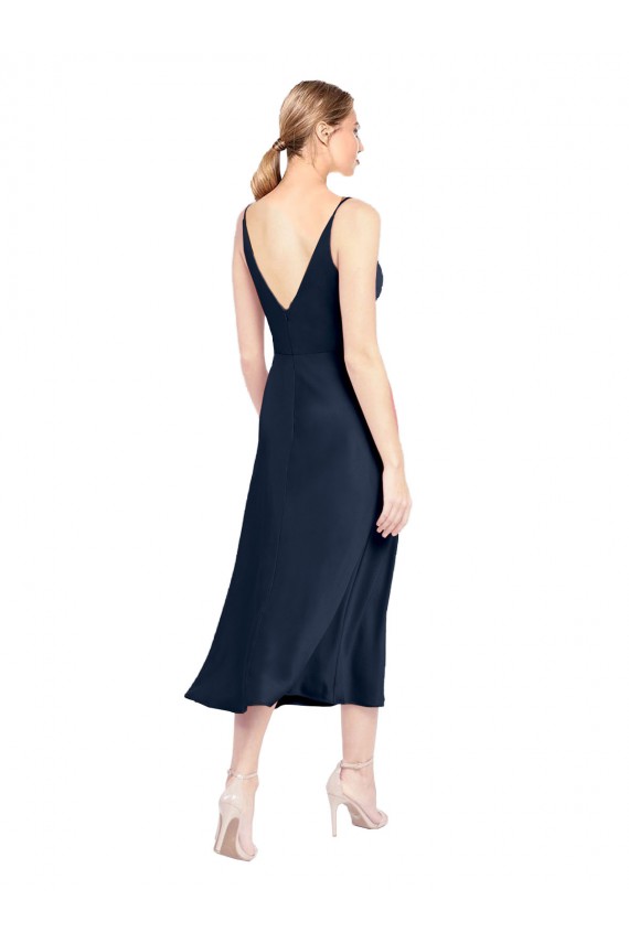 V-Neck Midi Length Stretch Satin Dark Navy Sleeveless Formal Evening Gown / Prom Dress / Bridesmaid Dress Darwin