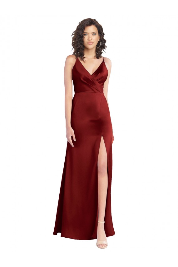 V-Neck Long Stretch Satin Burgundy Sleeveless Formal Dress / Bridesmaid Dress Darwin