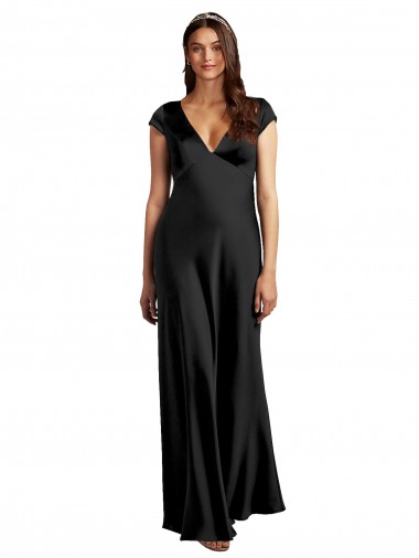 V-Neck Long Stretch Satin Black Cap Sleeves Formal Evening Gown / Prom Dress / Bridesmaid Dress Darwin