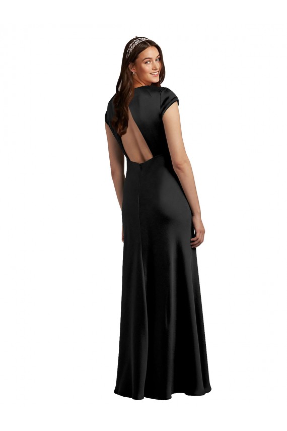 V-Neck Long Stretch Satin Black Cap Sleeves Formal Evening Gown / Prom Dress / Bridesmaid Dress Darwin