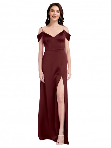 V-Neck Long Stretch Satin Burgundy Gold Sleeveless Formal Dress / Bridesmaid Dress Darwin