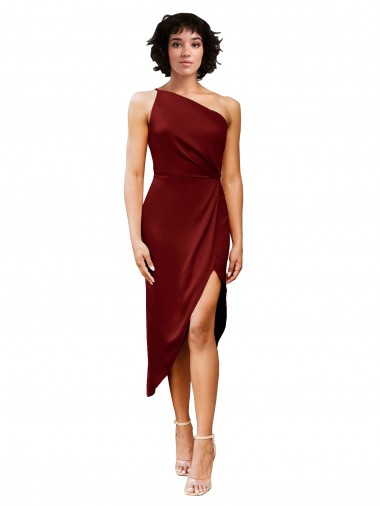 One Shoulder Midi Length Stretch Satin Burgundy Sleeveless Black Tie Evening Gown / Prom Dress / Bridesmaid Dress Darwin