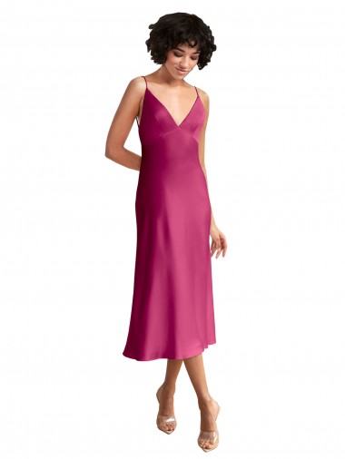 V-Neck Midi Length Stretch Satin Fuchsia Sleeveless Formal Evening Gown / Prom Dress / Bridesmaid Dress Darwin