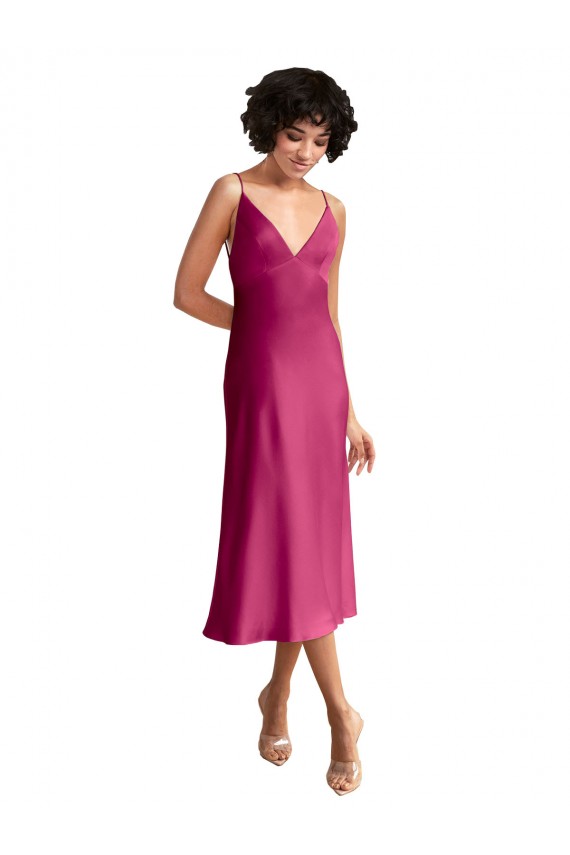 V-Neck Midi Length Stretch Satin Fuchsia Sleeveless Formal Evening Gown / Prom Dress / Bridesmaid Dress Darwin