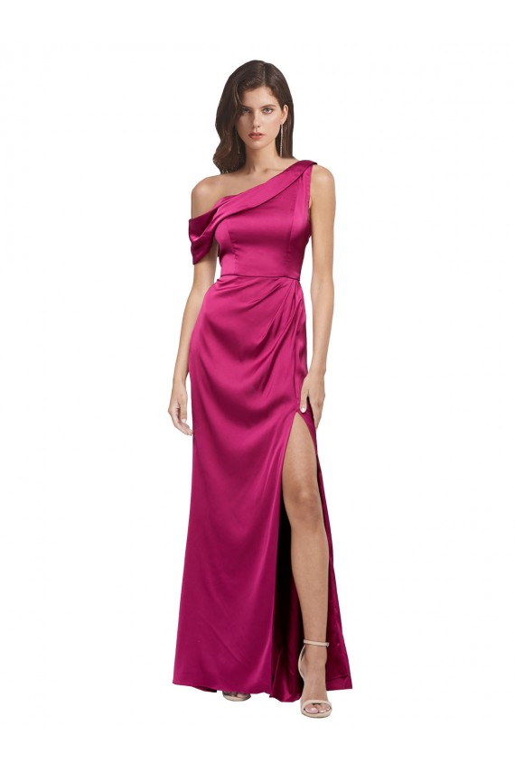 One Shoulder Long Stretch Satin Fuchsia Sleeveless Bridesmaid Dress / Evening Dress Darwin