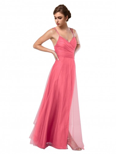 Spaghetti Straps Long Tulle Watermelon Sleeveless Bridesmaid Dress Darwin