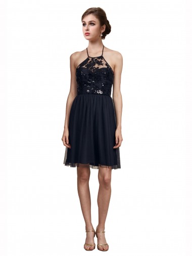 Halter Neck Knee Length Tulle Black Sleeveless Bridesmaid Gown Darwin