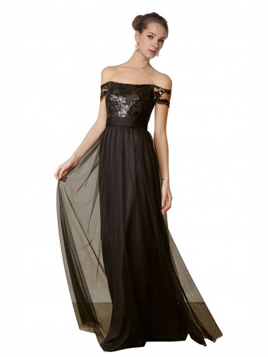 Off the Shoulder Long Tulle & Sequin Black Sleeveless Bridesmaid Dress Darwin