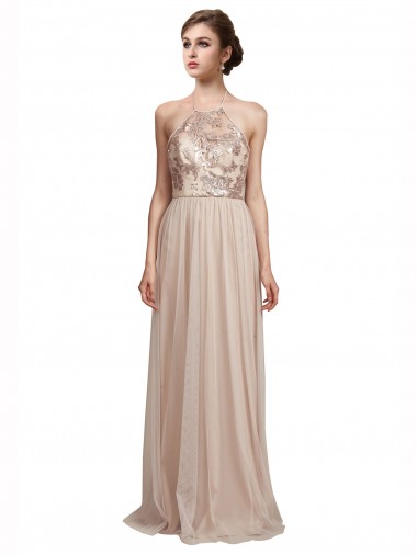 Halter Neck Long Tulle Nude Sleeveless Bridesmaid Dress Darwin