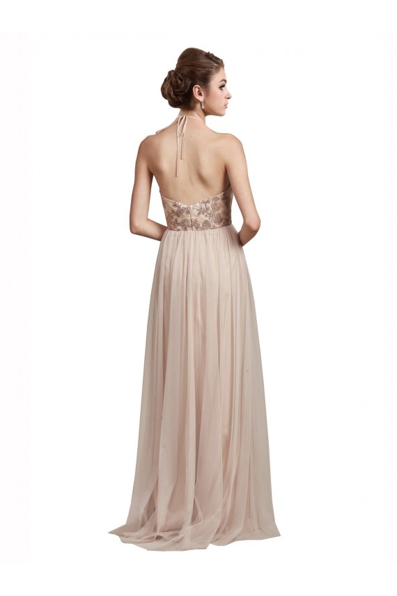 Halter Neck Long Tulle Nude Sleeveless Bridesmaid Dress Darwin