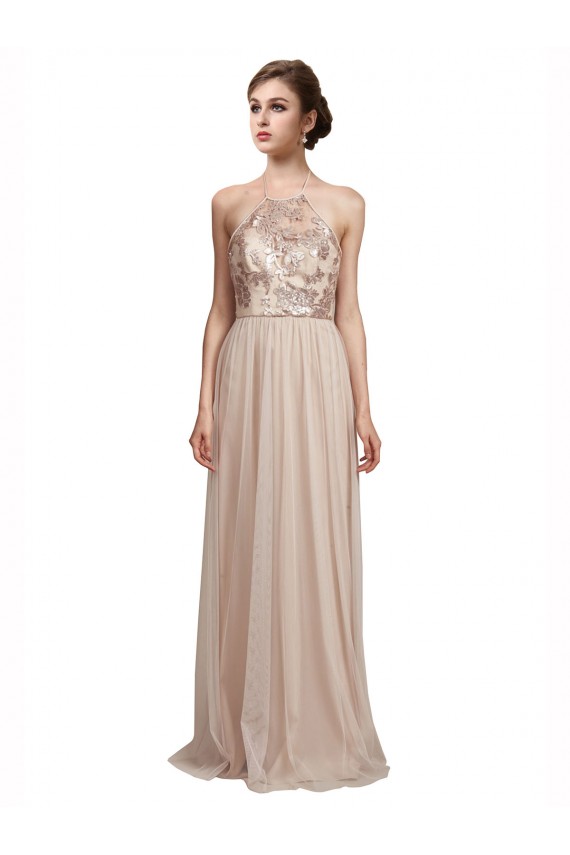 Halter Neck Long Tulle Nude Sleeveless Bridesmaid Dress Darwin