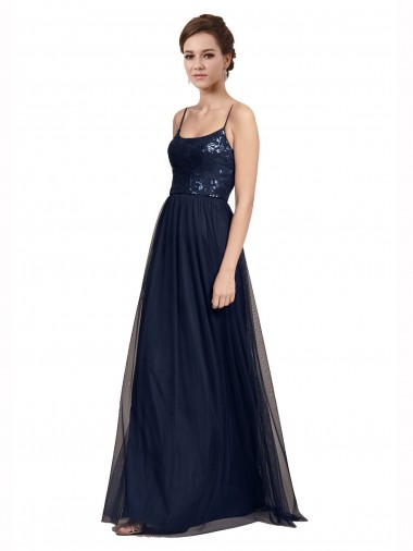 Spaghetti Straps Long Tulle & Lace Dark Navy Sleeveless Bridesmaid Dress Darwin