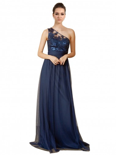 One Shoulder Sweep Train Tulle Dark Navy Sleeveless Bridesmaid Dress Darwin