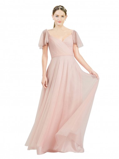 V-Neck Long Tulle Pink Flutter Sleeves Formal Dress / Bridesmaid Dress Darwin