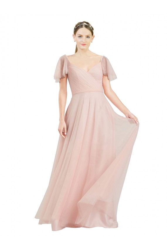 V-Neck Long Tulle Pink Flutter Sleeves Formal Dress / Bridesmaid Dress Darwin