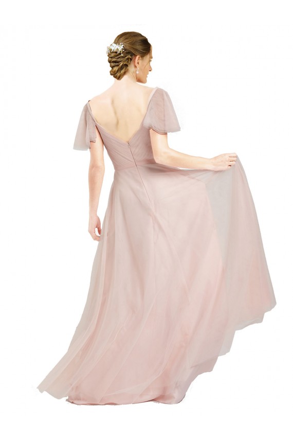 V-Neck Long Tulle Pink Flutter Sleeves Formal Dress / Bridesmaid Dress Darwin