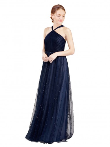 Halter Neck Long Tulle Navy Blue Sleeveless Bridesmaid Dress / Evening Dress Darwin