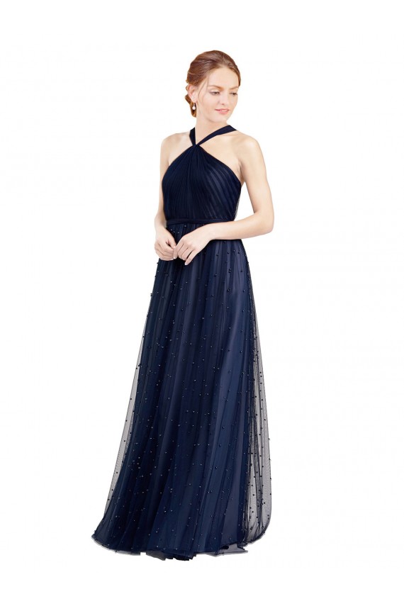 Halter Neck Long Tulle Navy Blue Sleeveless Bridesmaid Dress / Evening Dress Darwin