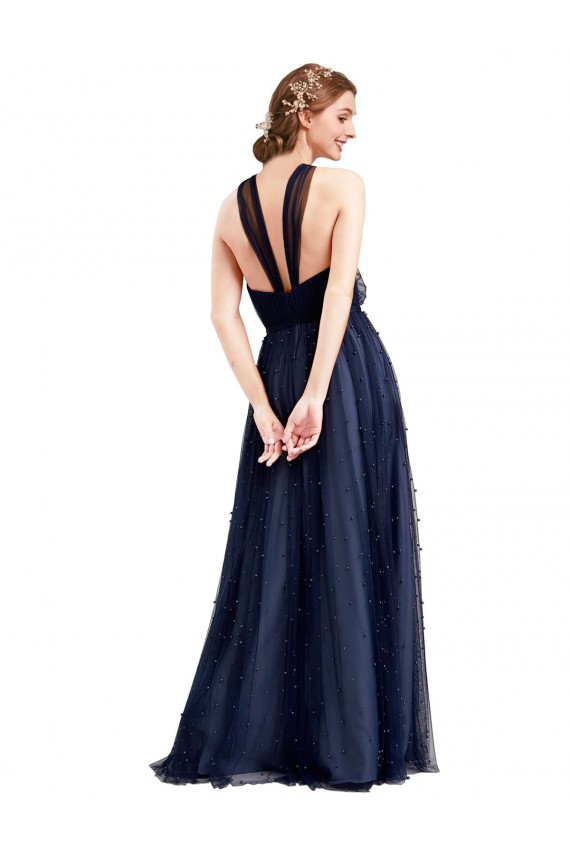 Halter Neck Long Tulle Navy Blue Sleeveless Bridesmaid Dress / Evening Dress Darwin