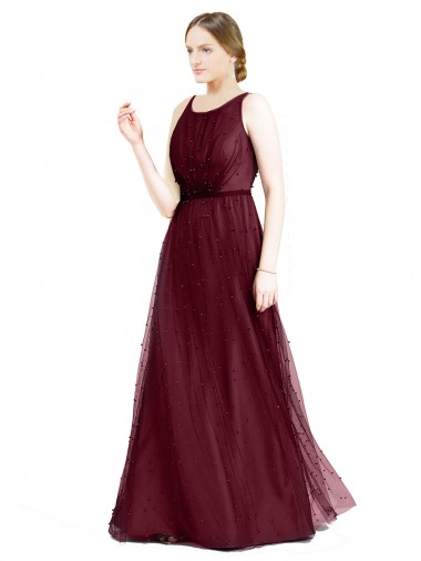 Boat Neck Long Tulle Burgundy Sleeveless Semi Formal Evening Dress / Bridesmaid Dress Darwin