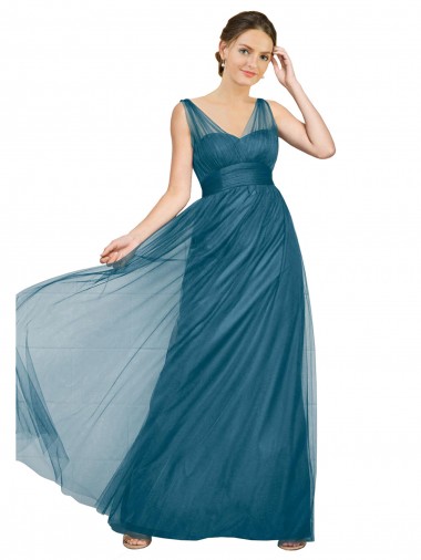 V-Neck Long Tulle Teal Green Sleeveless Bridesmaid Dress Darwin