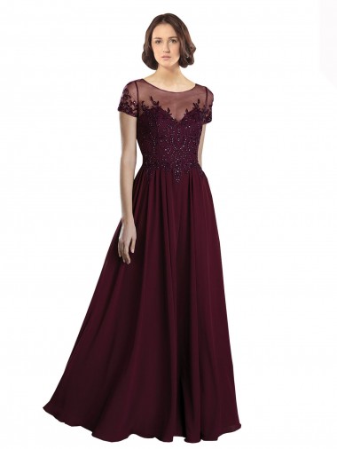 Jewel Neck Long Tulle & Soft Chiffon Burgundy Gold Cap Sleeves Bridesmaid Dress Darwin