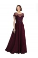 Jewel Neck Long Tulle & Soft Chiffon Burgundy Gold Cap Sleeves Bridesmaid Dress Darwin