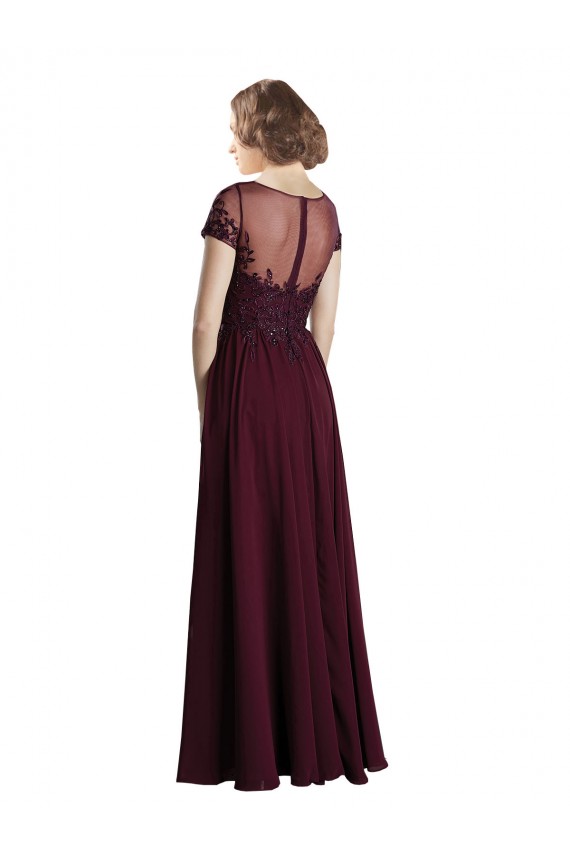 Jewel Neck Long Tulle & Soft Chiffon Burgundy Gold Cap Sleeves Bridesmaid Dress Darwin