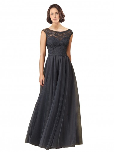 Bateau Neck Long Tulle & Lace Slate Grey Cap Sleeves Bridesmaid Dress Darwin