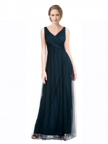 V-Neck Long Tulle Blue Sleeveless Bridesmaid Dress Darwin