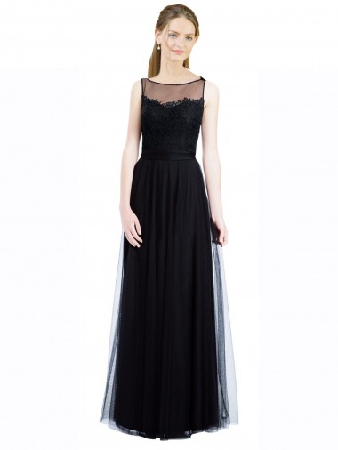 Illusion Neck Long Tulle & Lace Black Sleeveless Bridesmaid Dress Darwin