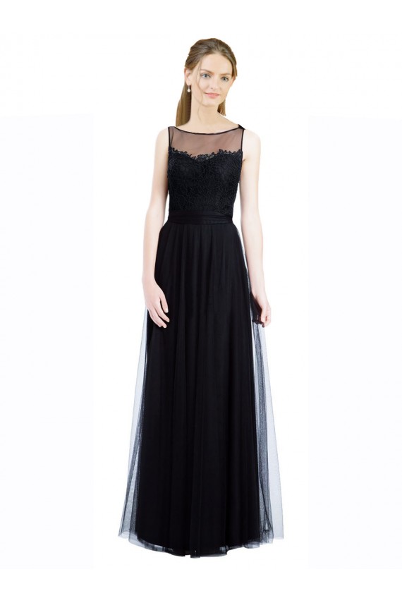 Illusion Neck Long Tulle & Lace Black Sleeveless Bridesmaid Dress Darwin