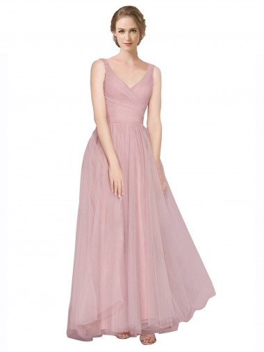 V-Neck Long Tulle Pink Sleeveless Bridesmaid Dress Darwin