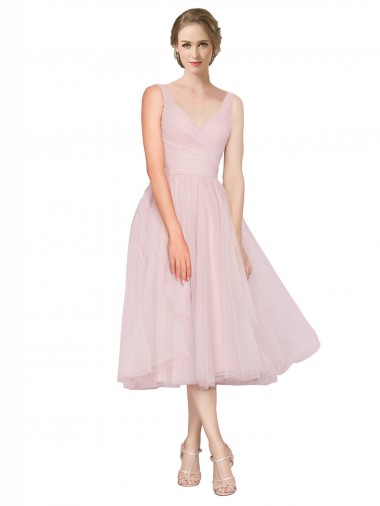 V-Neck Tea Length Tulle Pink Sleeveless Bridesmaid Dress Darwin