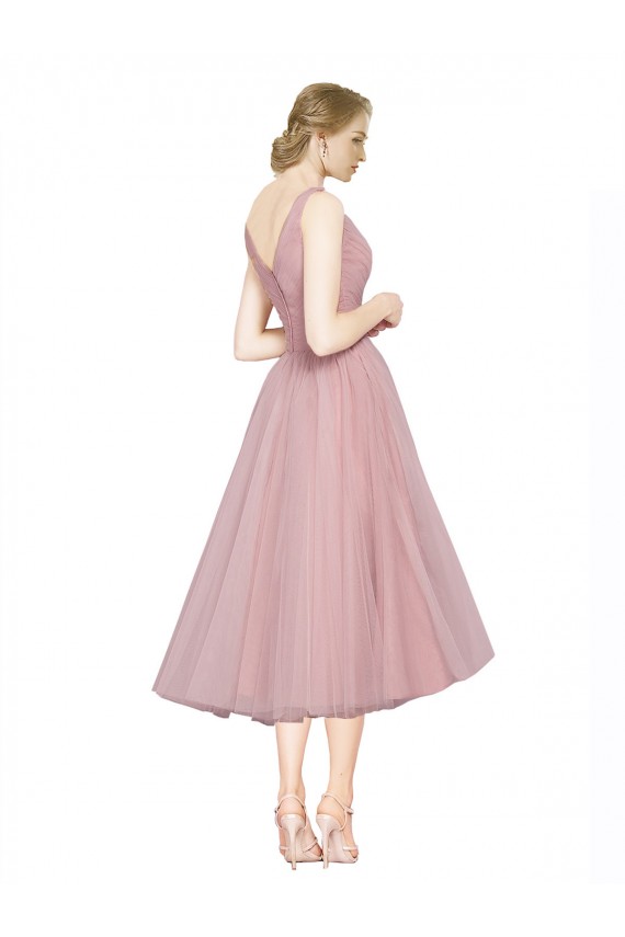 V-Neck Tea Length Tulle Pink Sleeveless Bridesmaid Dress Darwin