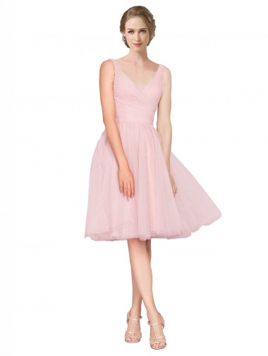 V-Neck Knee Length Tulle Pink Sleeveless Bridesmaid Gown Darwin