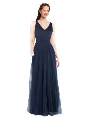 V-Neck Long Tulle Dark Navy Sleeveless Bridesmaid Dress Darwin