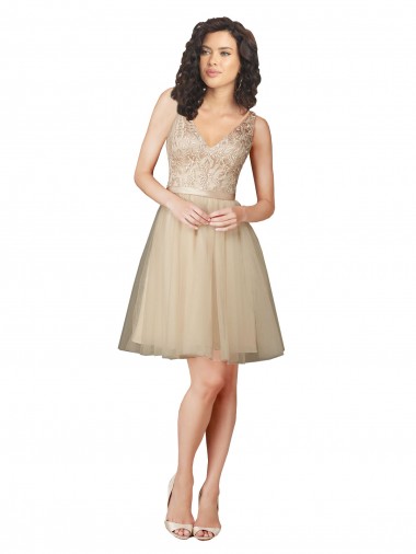 V-Neck Knee Length Tulle & Lace Champagne Sleeveless Bridesmaid Dress Darwin