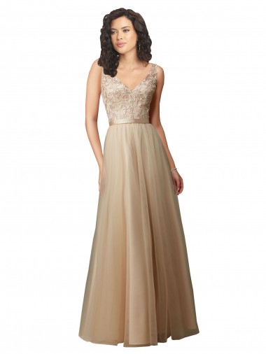 V-Neck Long Tulle & Lace Champagne Sleeveless Bridesmaid Dress Darwin